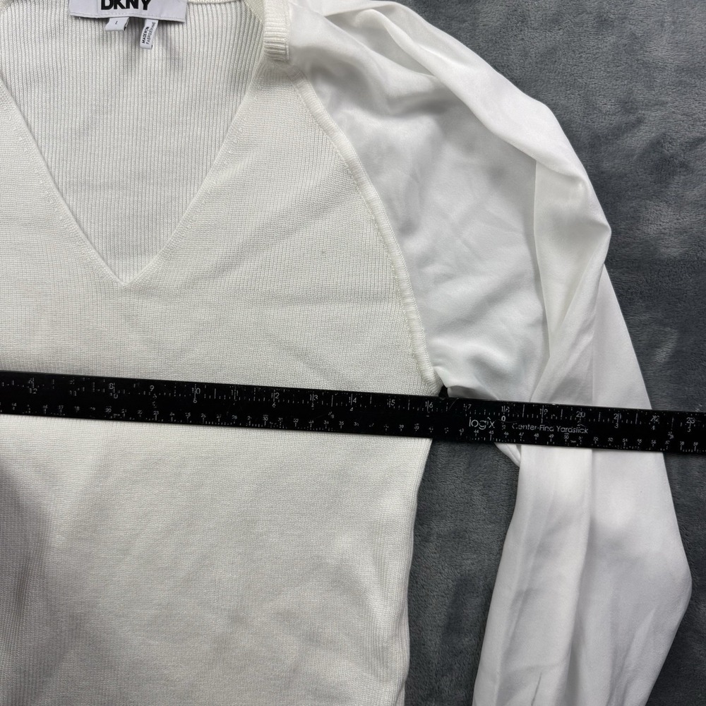 DKNY Women's White Rib Knit Sweater Sheer Satin Puff Sleeve V-Neck Size Large - Picture 5 of 6